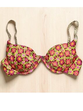 Baja Blue Vintage Bikini Top Swim Swimsuit Floral Gold Metallic S Small M 6